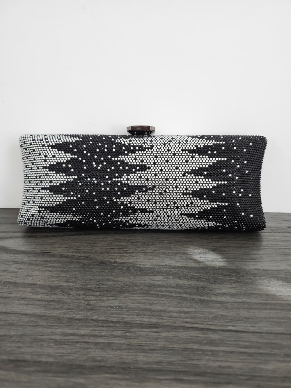Black & Silver Beaded Evening Clutch with Geometric Sparkle